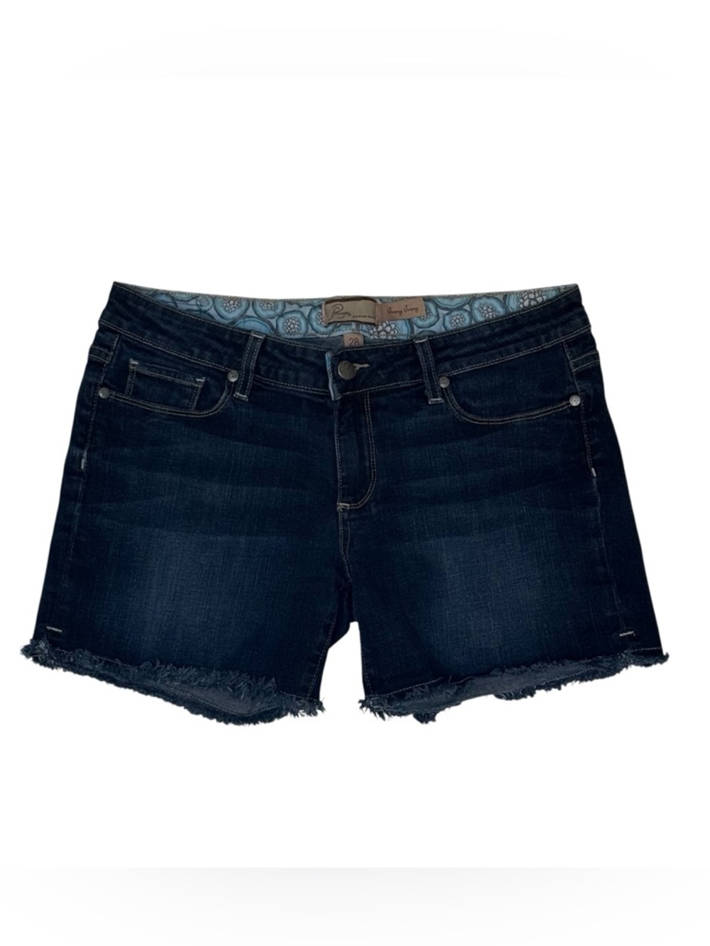 PAIGE Mid-Rise Dark Blue Frayed Hem Premium Denim Shorts Size 28